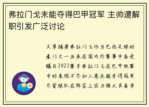 弗拉门戈未能夺得巴甲冠军 主帅遭解职引发广泛讨论
