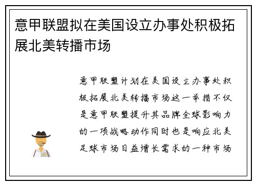 意甲联盟拟在美国设立办事处积极拓展北美转播市场 意甲联盟拟在美国设立办事处积极拓展北美转播市场